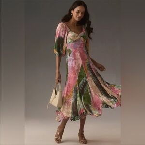 NWT Hutch size large petite printed twist front puff sleeve ruffle hem dress